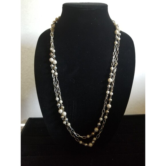MCM  Women's Necklace Faux Pearl & Open Link Chain Double or Single Long BOHO - Picture 1 of 3